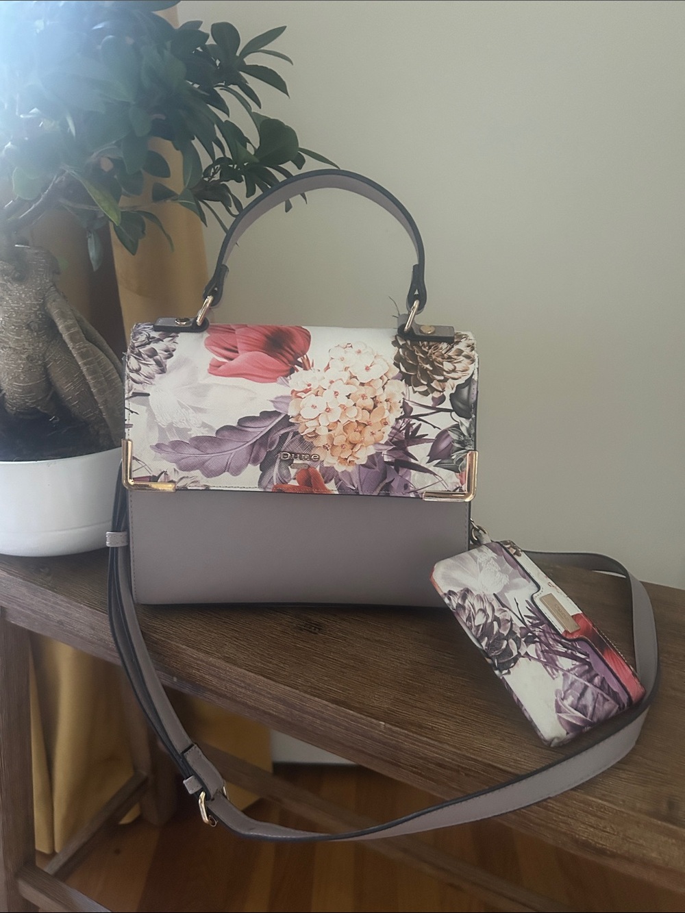Dune London Floral-Print Top-Handle Satchel in Taupe and Multi